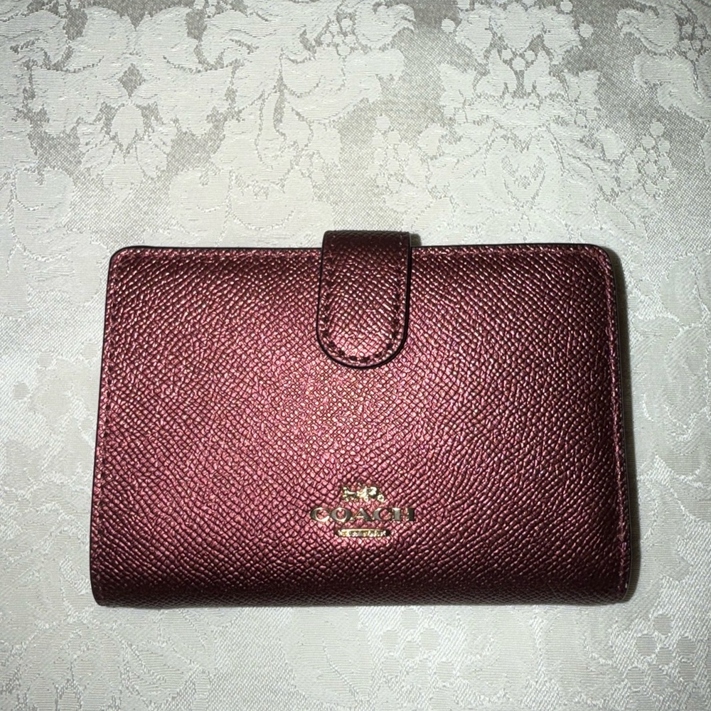 Coach Leather Medium Zip Wallet NWT Rose Gold Wine Compact Cash Cards - Picture 6 of 13
